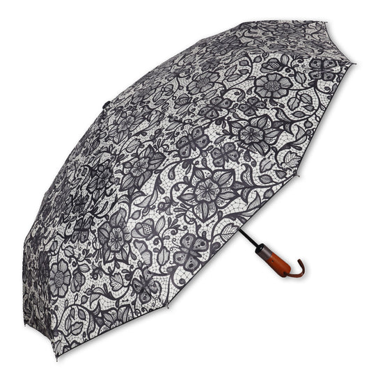 SARA (Mono-Black) | Automatic Open 4-Fold Umbrella – Elegant Handle & Floral Design