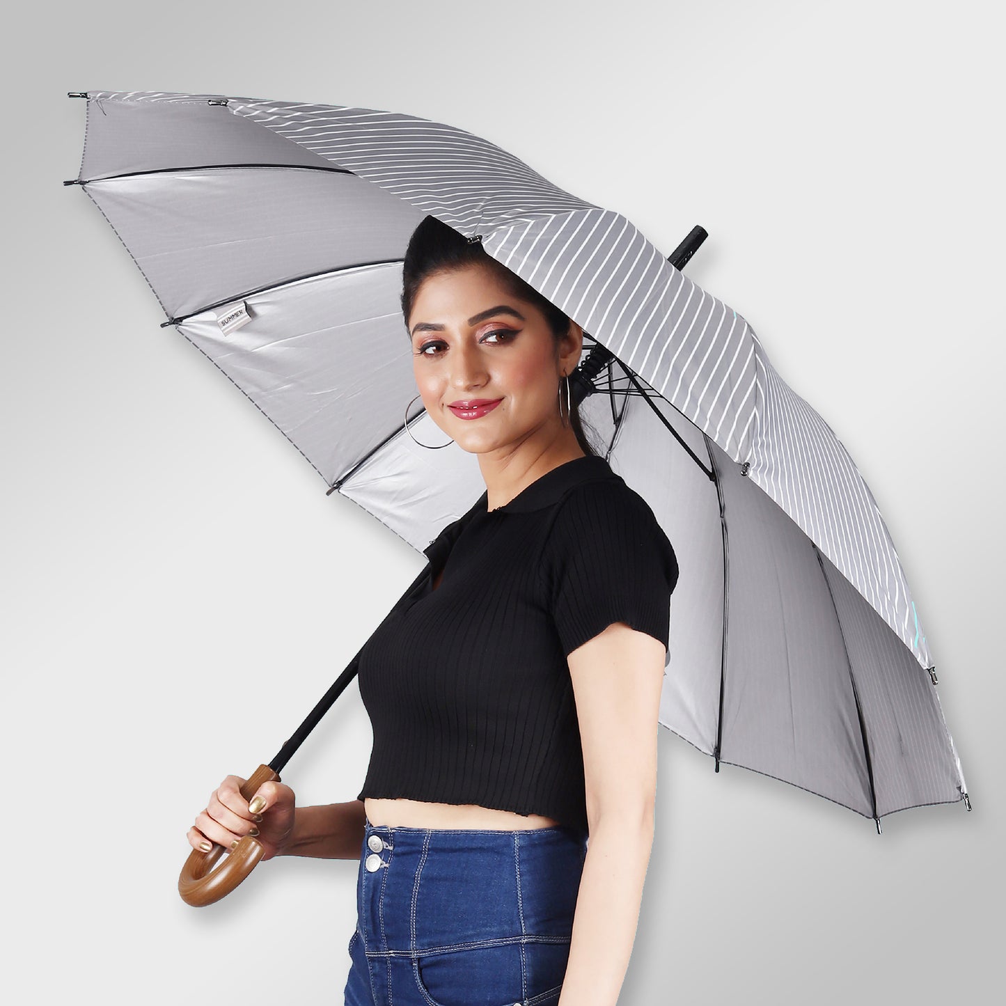 SUMMER | Automatic Open Straight Umbrella – Pinstripe Design, Wooden Handle (Available in Various Colours)