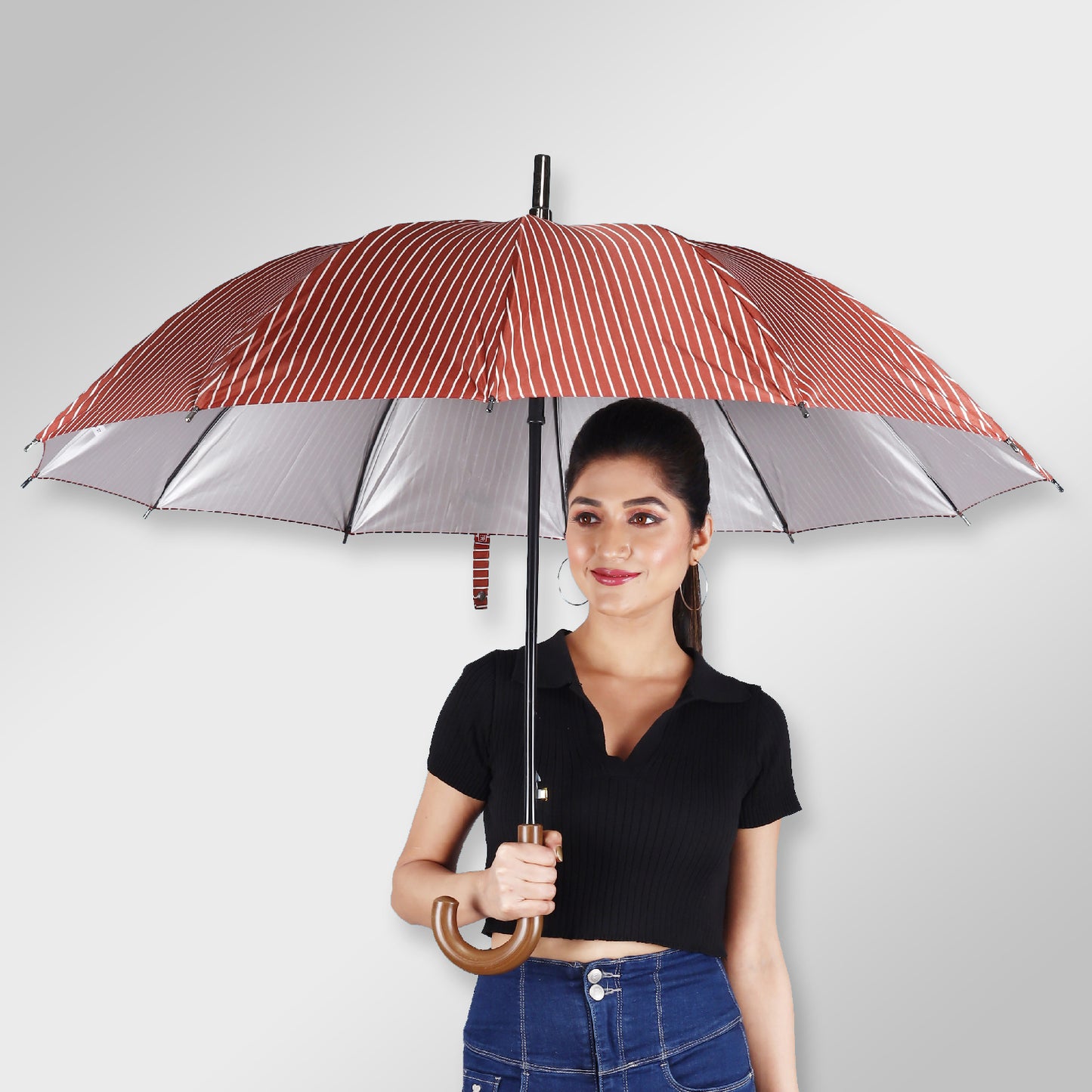 SUMMER | Automatic Open Straight Umbrella – Pinstripe Design, Wooden Handle (Available in Various Colours)