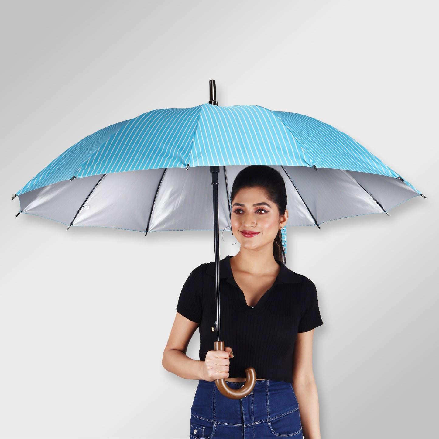 SUMMER | Automatic Open Straight Umbrella – Pinstripe Design, Wooden Handle (Available in Various Colours)