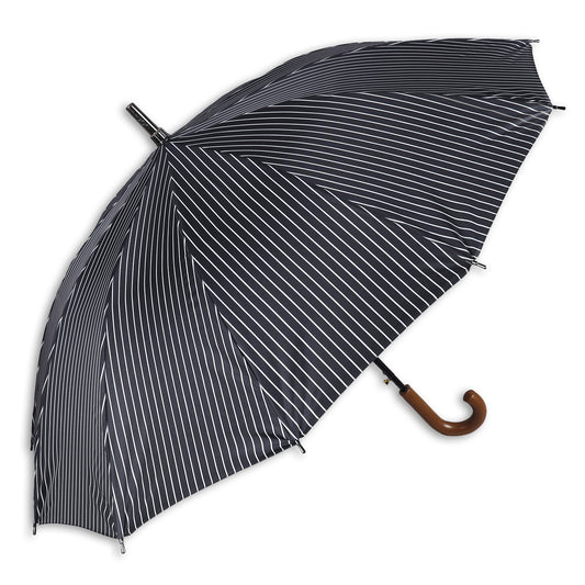 SUMMER | Automatic Open Straight Fashion Umbrella – Elegant Pinstripe Design, Wooden Curved Handle (Available in Various Colours)