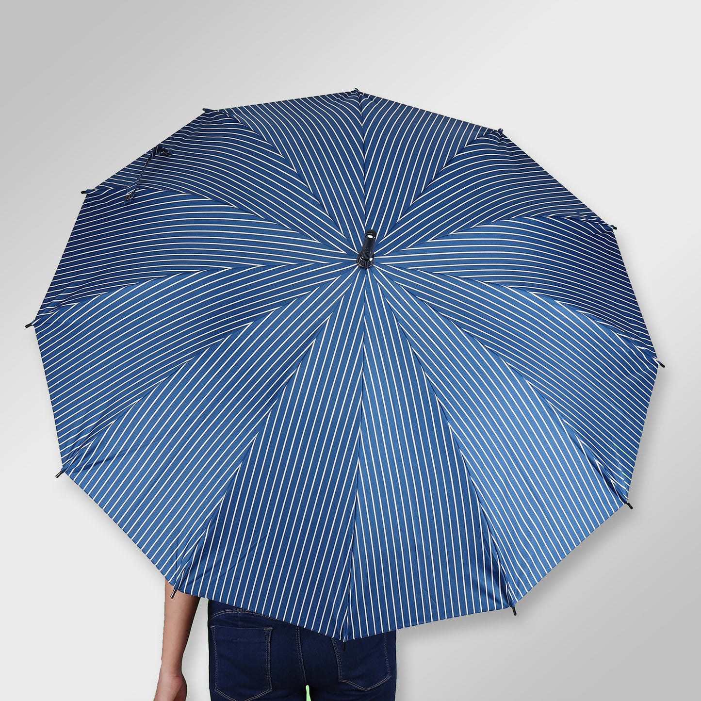 SUMMER | Automatic Open Straight Fashion Umbrella – Elegant Pinstripe Design, Wooden Curved Handle (Available in Various Colours)